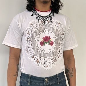 Vtg. 90s Handmade Sheer White Lace Embroidered Rose Appliquéd T-Shirt